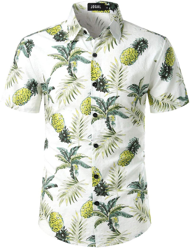 JOGAL Men's Flower Casual Button Down Short Sleeve Hawaiian Shirt White Green X-Large - Image 2